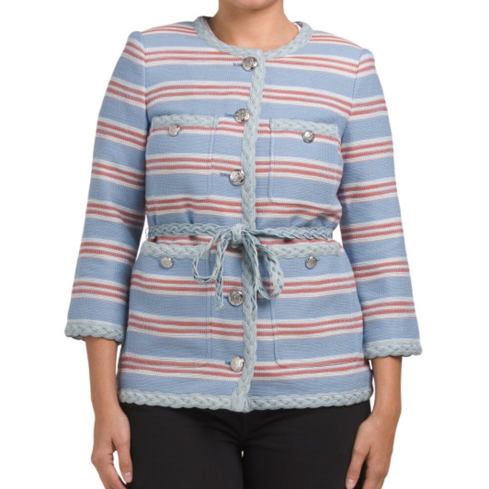 ELIE TAHARI Crew Neck Button Down Jacket With Braided Trim Size M (12-14 ) NWT